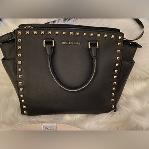 Michael Kors Large Selma Gold Studded Satchel- Black